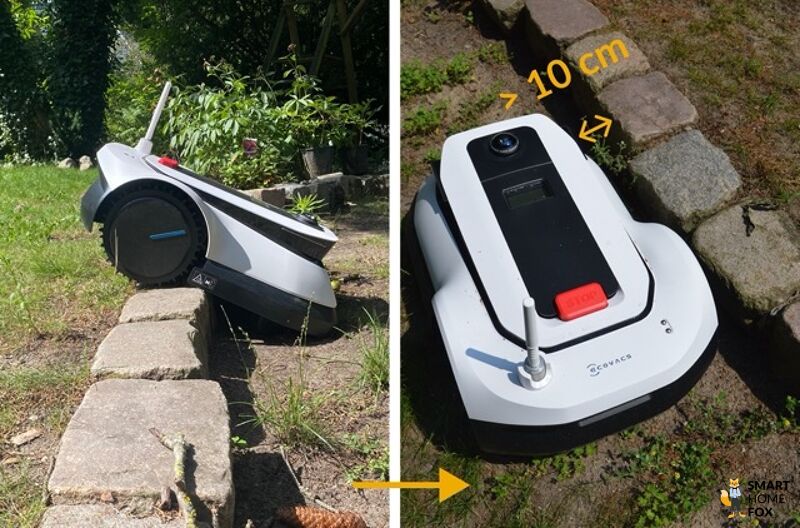 Der ECOVACS Goat G1-800 Mähroboter ist im Test am Rand eine Stufe heruntergefahren und steckt fest.